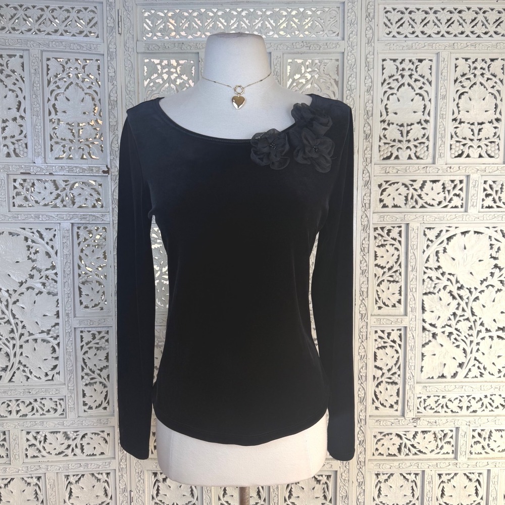 Vtg Black Velvet Long Sleeve Blouse Womens Medium Whimsigoth Grunge Y2K Floral
